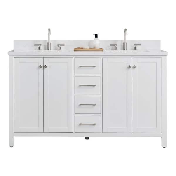 Classic Design 60 in. 2-Sinks Freestanding White Bath Vanity with Light Gray Engineered Stone Top Assembled