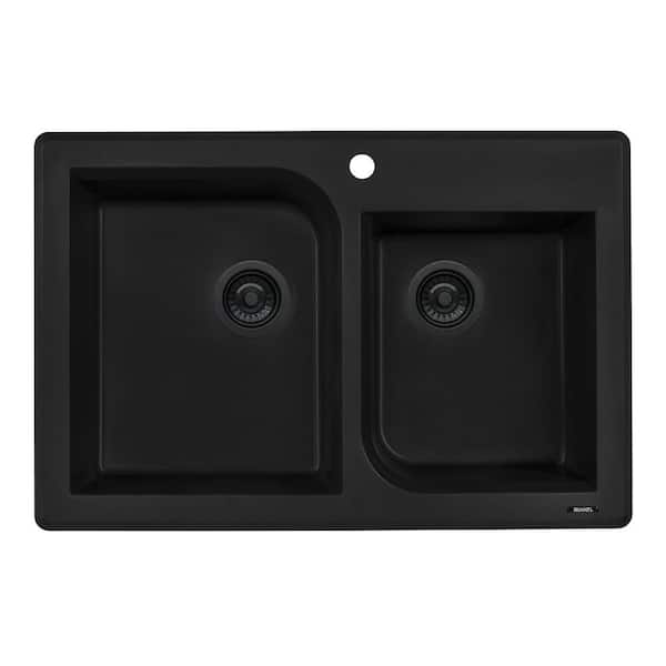 Ruvati epiGranite 33 in. Drop-in Topmount Double Bowl Kitchen Sink in Midnight Black Granite Composite