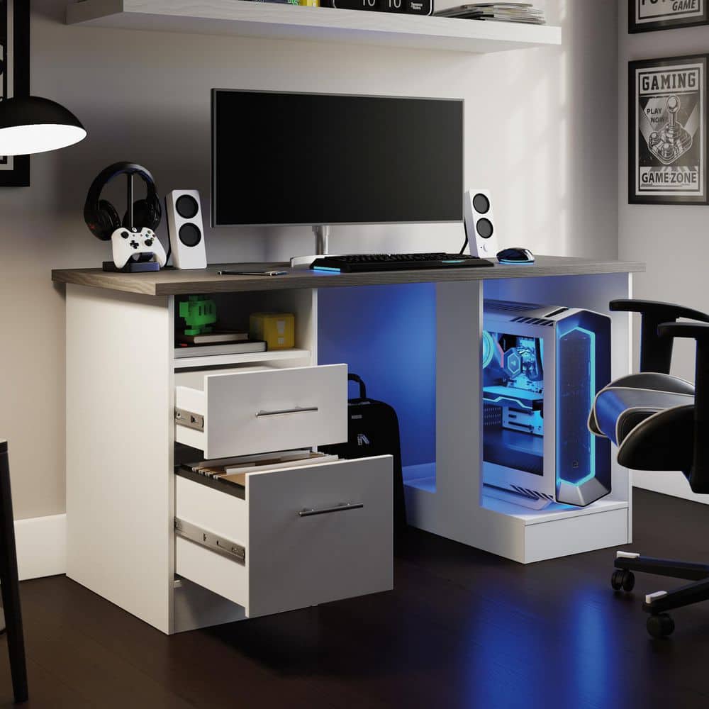 Versatile White Gaming Desk with Charcoal Ash Accents and Headphone Hook