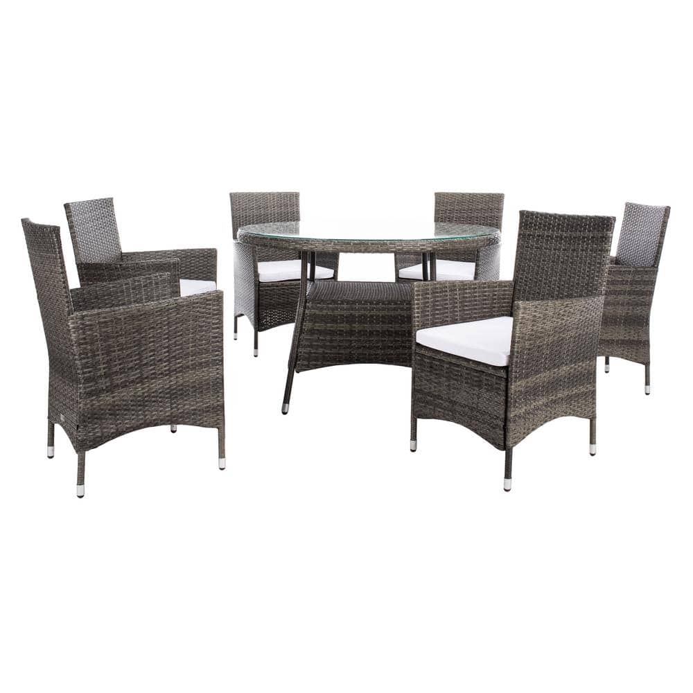 Challe 47" Round Grey Brown Wicker Outdoor Dining Set with White Cushions