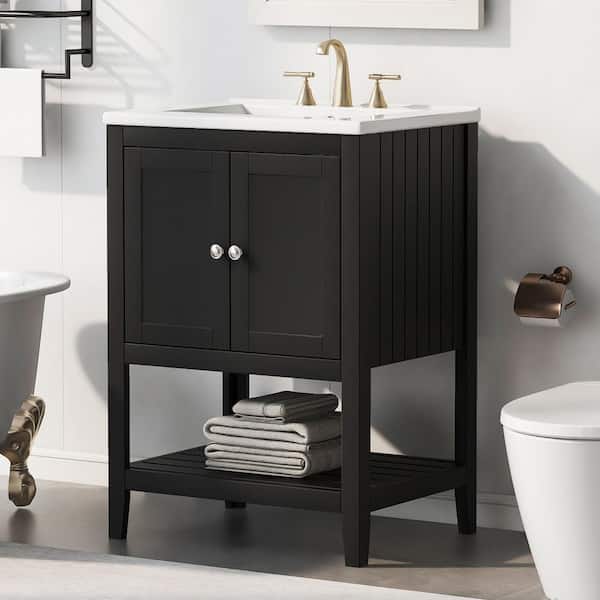 24 in. W Single Sink Freestanding Black Bath Vanity with White Ceramic Top Unassembled