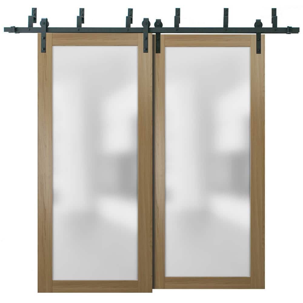 56 in. x 80 in. 2 Panel Frosted Glass Honey Ash Solid Wood Sliding Barn Door with Hardware Kit price history on PriceWatchPro