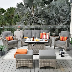 Verona Grey 6-Piece Wicker Outdoor Patio Conversation Sofa Seating Set with a Rectangle Fire Pit and Dark Grey Cushions