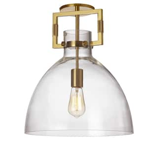 Liberty 13.75 in. 1-Light Aged Brass Transitional Semi-Flush Mount with Clear Glass Shade and No Bulbs Included