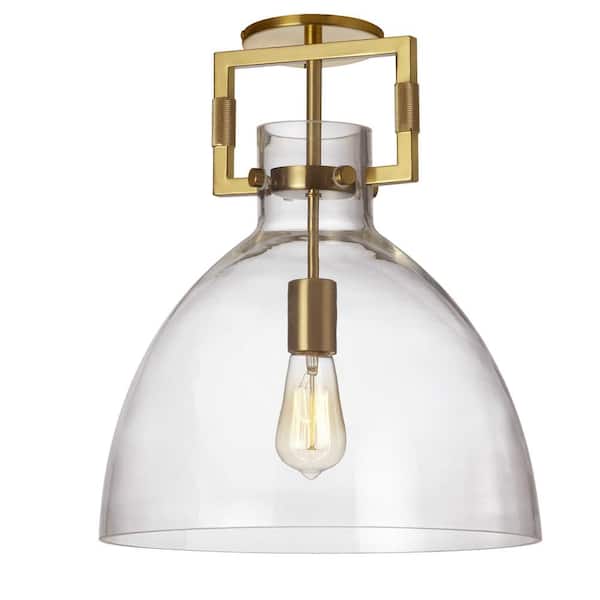 Dainolite Liberty 13.75 in. 1-Light Aged Brass Transitional Semi-Flush Mount with Clear Glass Shade and No Bulbs Included