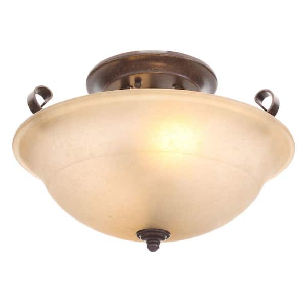 Hampton Bay Essex 15 in. 2-Light Aged Black Semi-Flush Mount with Tea Stained Glass Shade