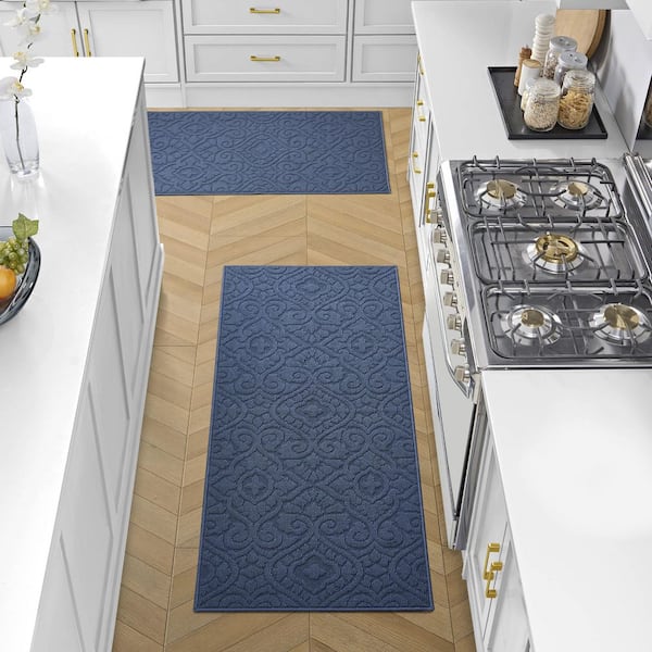 Laura Ashley Feya Solid Dusty Navy 2 ft. x 5 ft. Medallion 2-Piece Rug Set