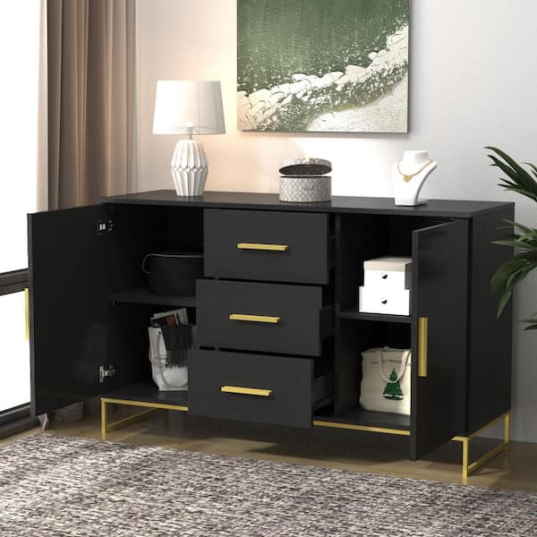Black Storage Accent Cabinets with 3-Drawers and 2-Cabinets, Metal Legs Cupboard Floor-Standing Sideboard