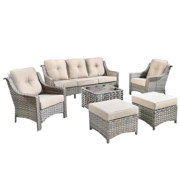 Verona Grey 6-Piece Wicker Modern Outdoor Patio Conversation Sofa Seating Set with Beige Cushions