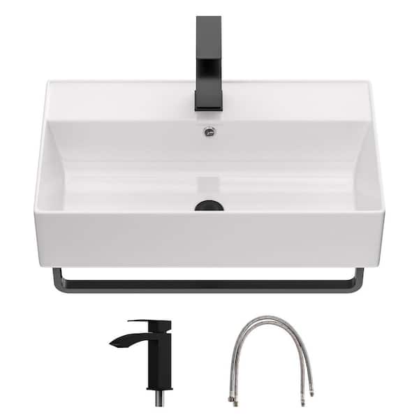 21 in. White Ceramic Wall Mounted Bathroom Sink with Black Faucet and Bracket
