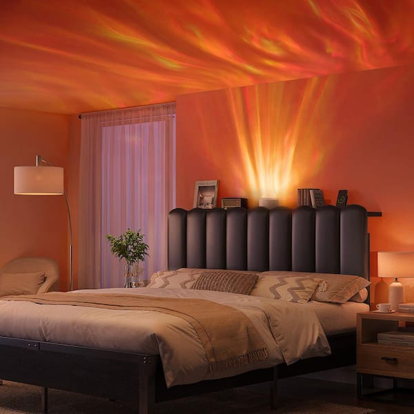 Modern Full Metal and Wood Upholstered Headboard with Projector Light, Charging Station and Height Adjustment, PU Black