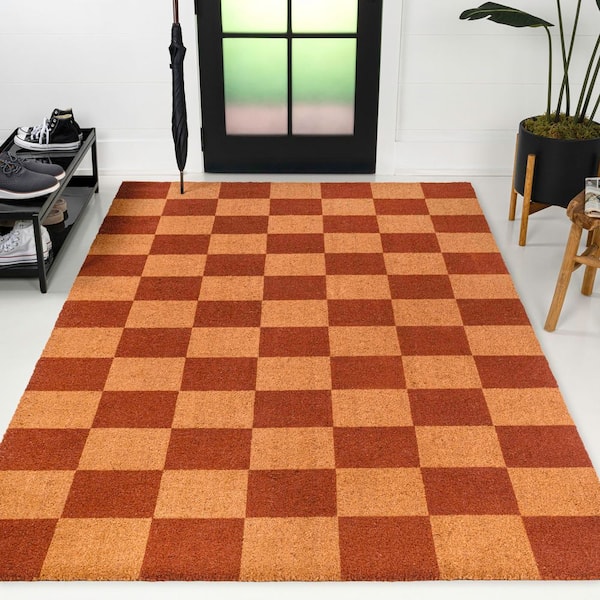 Porter Classic Farmhouse Checkered Coir Natural/Red 3 ft. x 5 ft. Indoor/Outdoor Area Rug