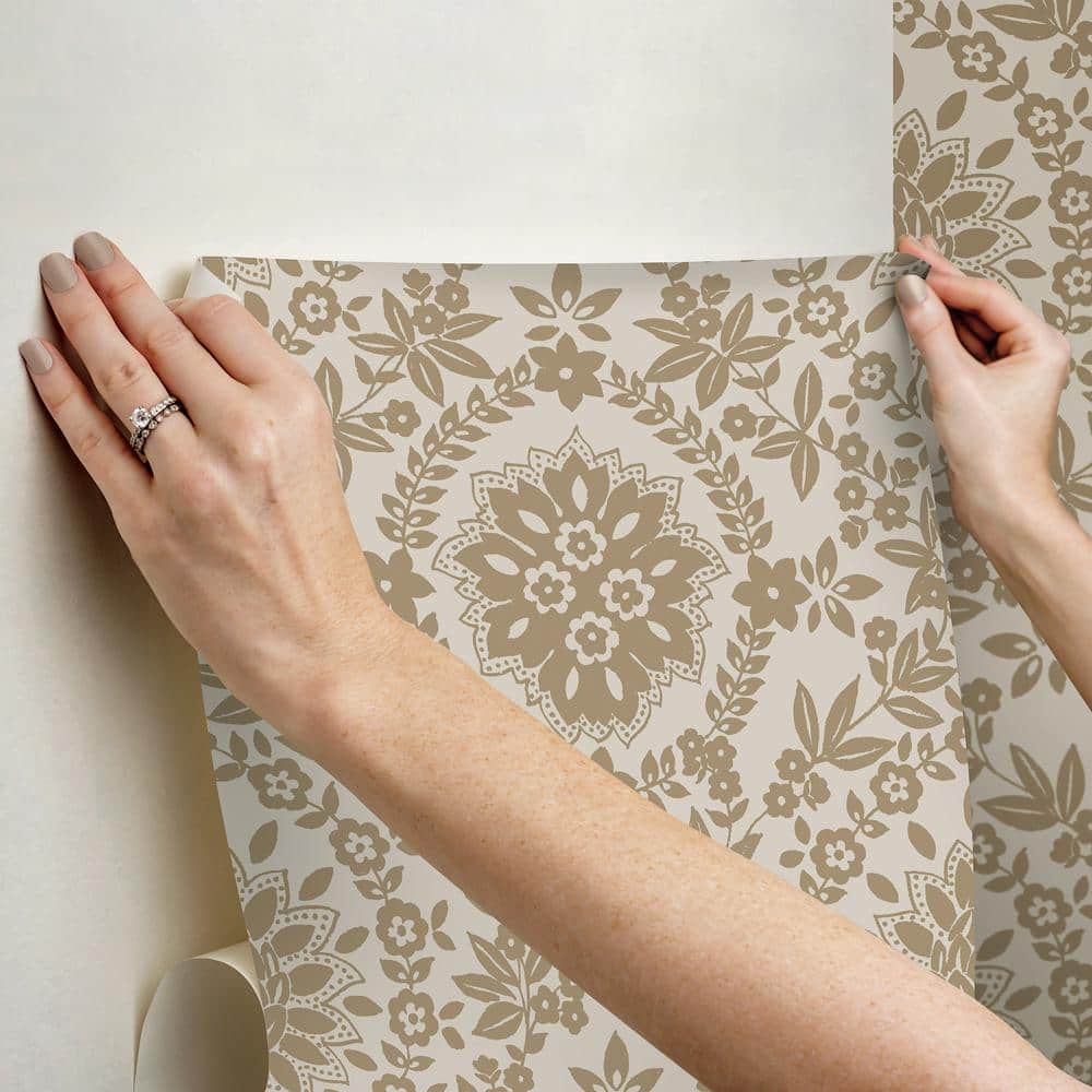 Taupe and Gold Damask Peel and Stick Wallpaper Roll