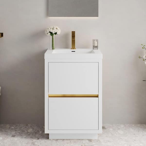 24 in. Single Sink Freestanding White Bath Vanity with White Resin Top (Assembled), Soft Close Drawers
