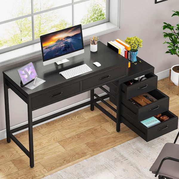 Moronia 51 in. Retangular Black Computer Desk 5-Storage Drawers Home Office Study Writing Table Reversible Cabinet