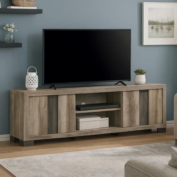 Amey Gray and Brown TV Stand Media Cabinet Fits TV up to 75 in. with 2 Door and 2 Shelves
