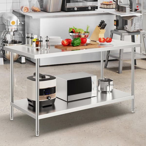 Stainless Steel Prep Table, 30 x 60 x 34 In. 910 lbs.Silver Kitchen Prep Table Load Capacity, Heavy Duty Metal Worktable