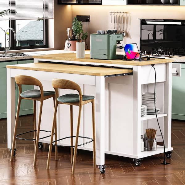 White Rubber Wood 47 in. Kitchen Cart with Extendable Dining Table, Kitchen Island with Storage 2 Drawers 2-Cabinet