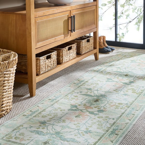 Martha Stewart Washable 3 ft. x 9 ft. Beige/Green Persian Runner Rug