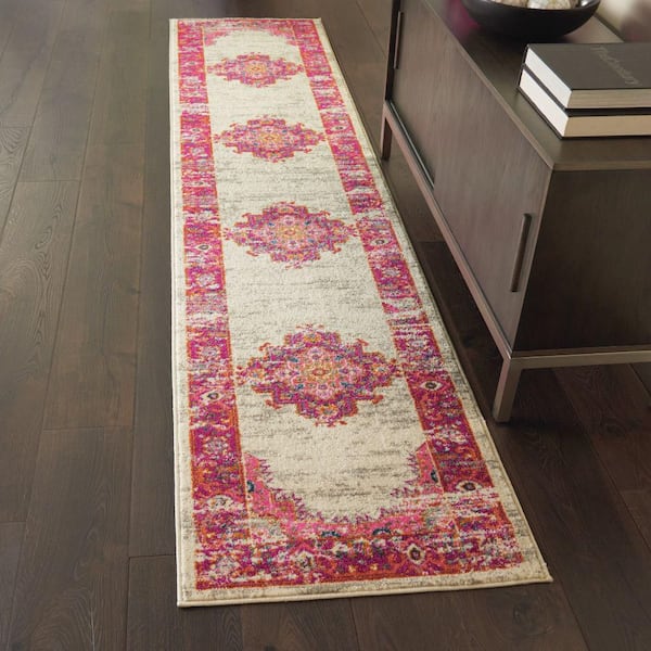 Passion Ivory/Fuchsia 2 ft. x 10 ft. Bordered Transitional Kitchen Runner Area Rug