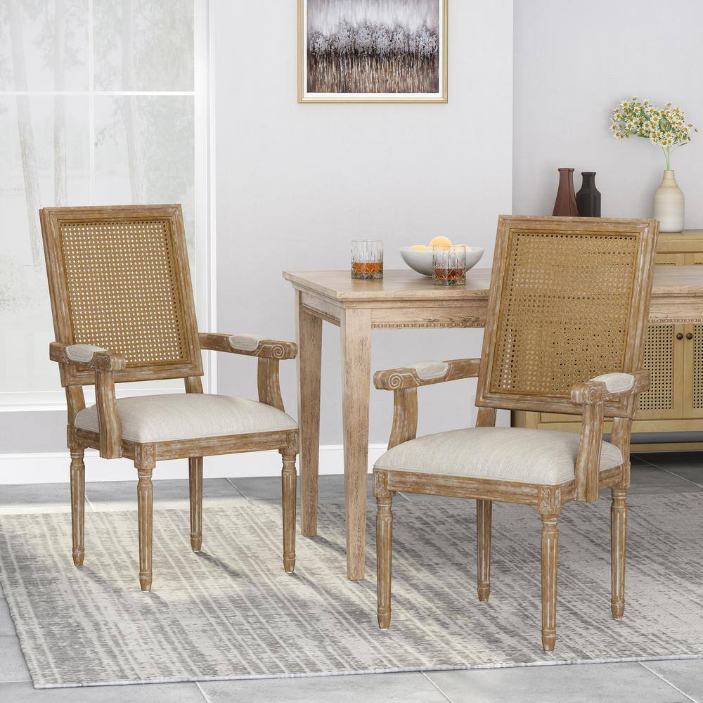 Beige Upholstered Wood and Cane Arm Chair Set