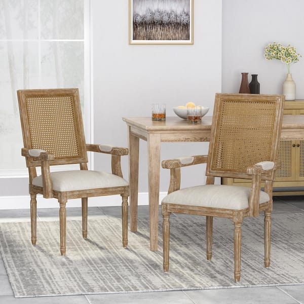 Aisenbrey Beige and Natural Wood and Cane Arm Chair (Set of 2)