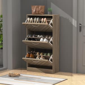 Natural Color 18-Pair Shoe Storage Cabinet with 3-Drawers and 6-Compartments and Wood Grain