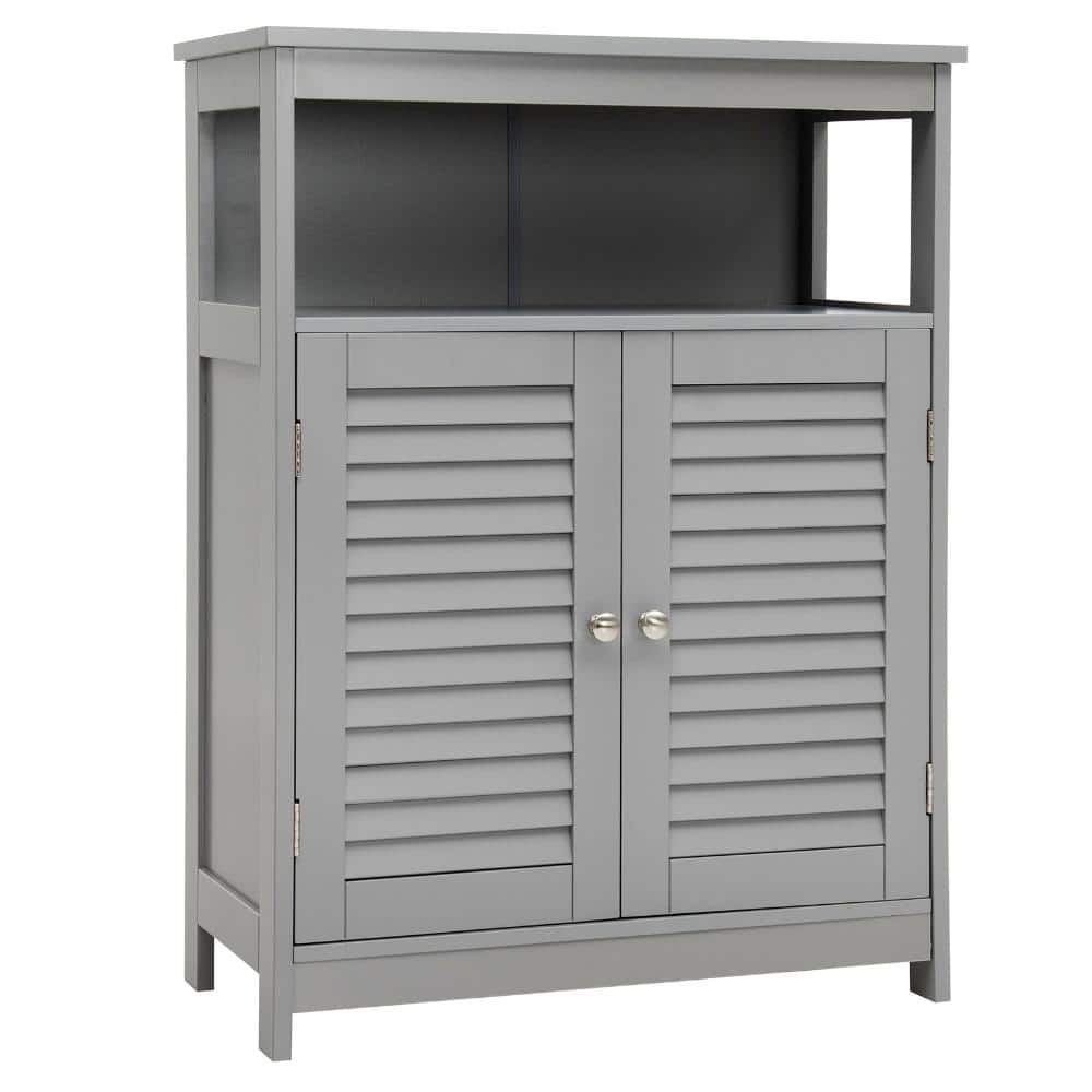 White Wood Freestanding Bathroom Storage Cabinet with Double Shutter Doors and Adjustable Inner Shelf