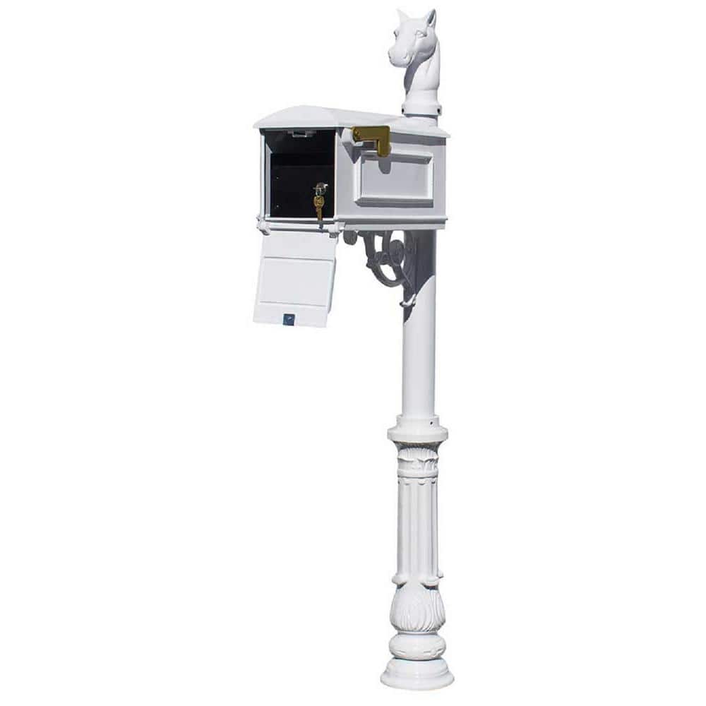 Lewiston White Post Mount Locking Insert Mailbox with Ornate Base and Horse