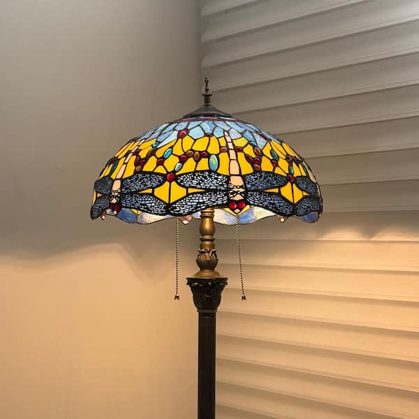 64 in. Tiffany Style Bronze Finish 2-Light Standard Floor Lamp with Multi-Colored Dragonfly Stained Glass Lamp Shade