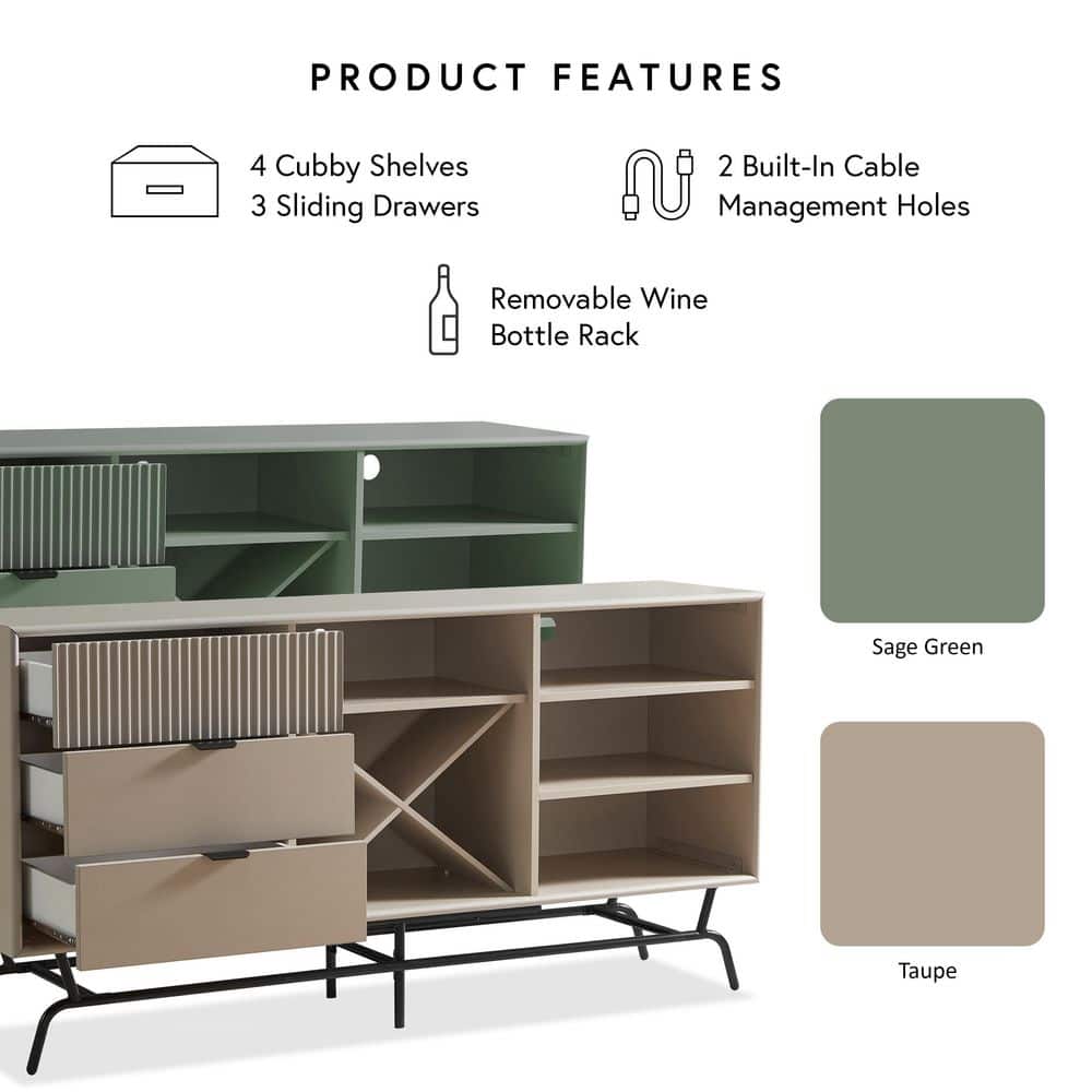 Yaztra Sage Green and Black Composite Wood TV Stand with Cabinet