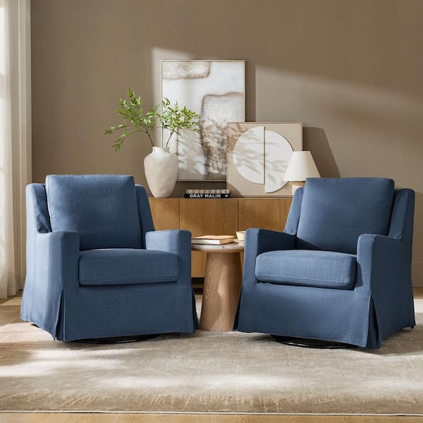 Andres Slate-Blue Farmhouse Slipcovered Polyester Swivel Arm Chair Set of 2 with Pillow Back