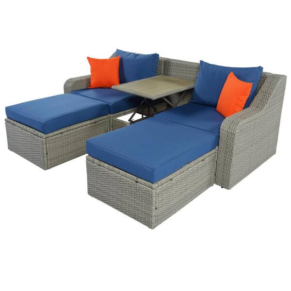 FORCLOVER Gray 3-Piece Wicker Patio Conversation Set with Blue Cushions and Lift Top Coffee Table
