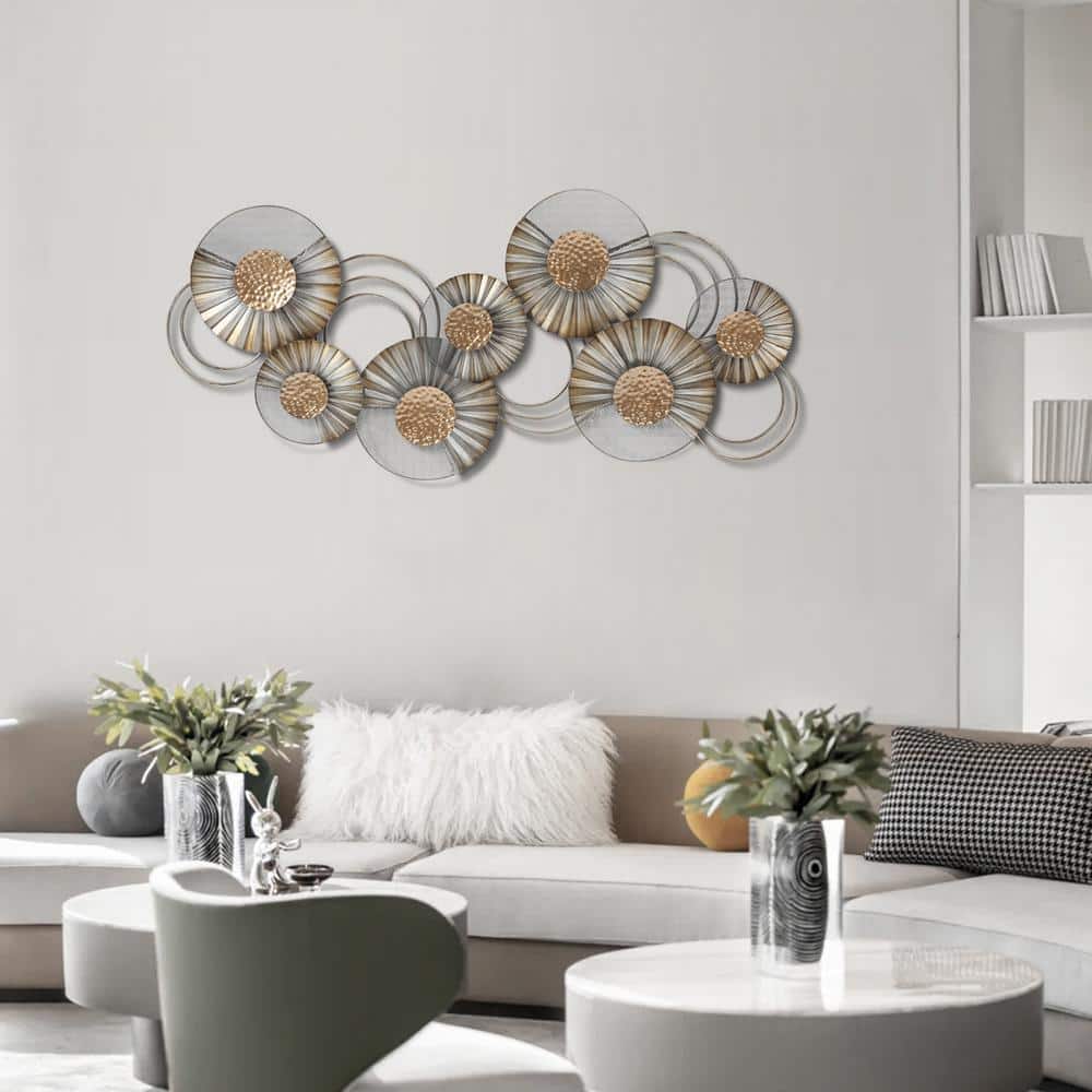 48.5" W Distressed Gray and Gold Metal Floral Wall Sculpture