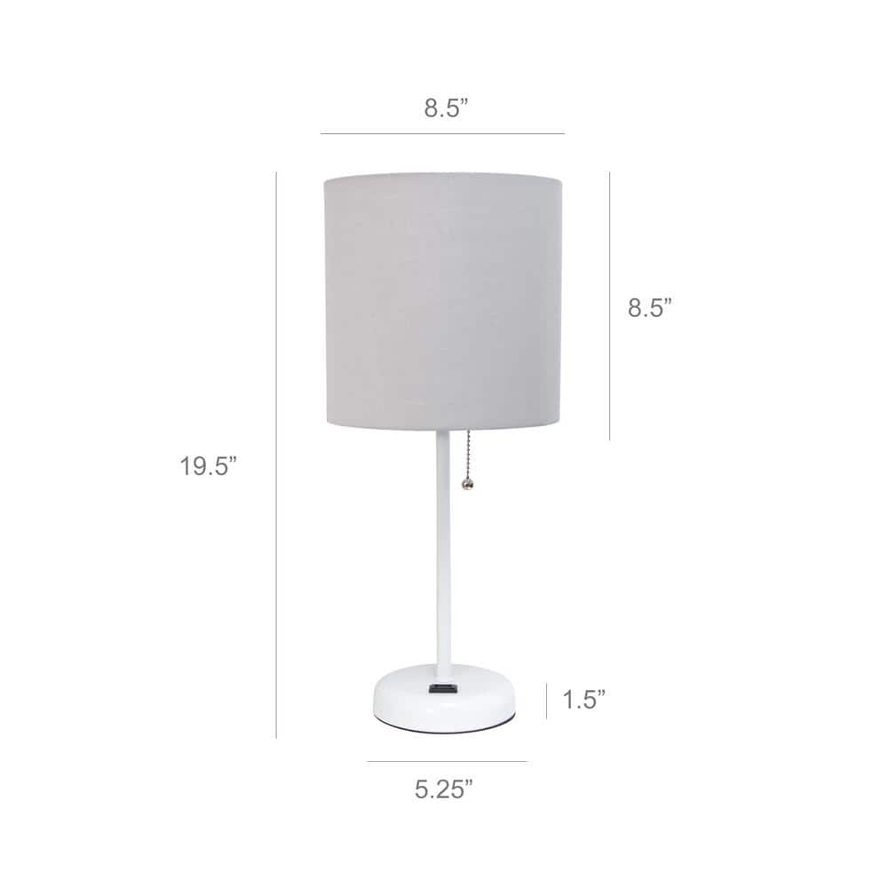 White Stick Lamp with Gray Fabric Shade and Charging Outlet