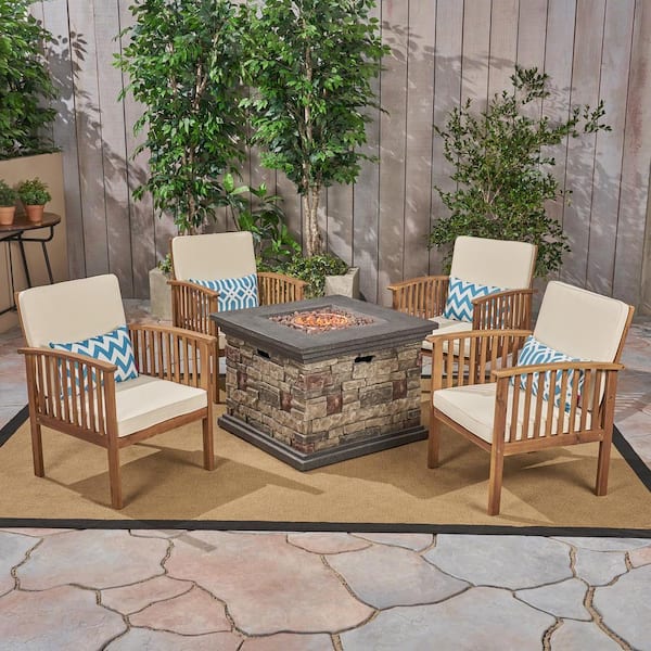 Noble House Carolina Brown Patina 5-Piece Wood Patio Fire Pit Conversation Set with Cream Cushions