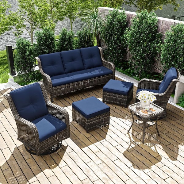 6-Piece Brown Wicker Patio Conversation Set Outdoor Couch Set with Blue Cushions