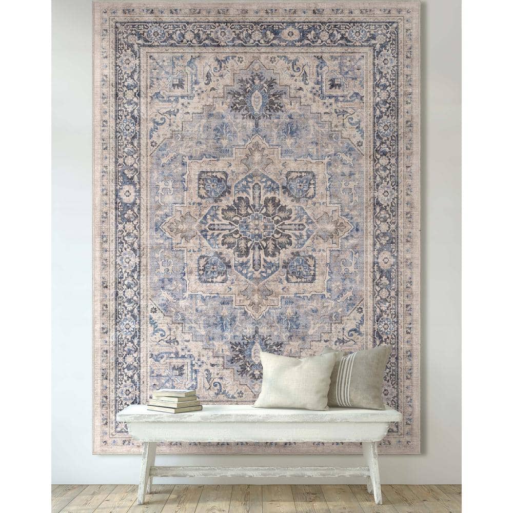 Blue Medallion Chenille Rectangular Washable Area Rug 3'3" x 5'