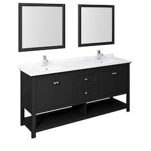 Manchester 72 in. W Bathroom Double Bowl Vanity in Black with Quartz Stone Vanity Top in White with White Basins,Mirrors