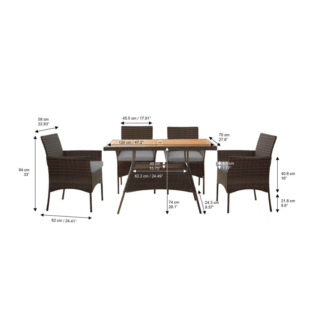 Brown 5-Piece Rattan and Acacia Wood Outdoor Dining Set