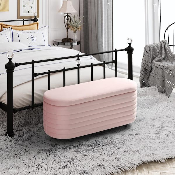 WESTINFURNITURE Farrah 42 in. Wide Oval Velvet Upholstered Entryway Flip Top Storage Bedroom Accent Bench in Pink