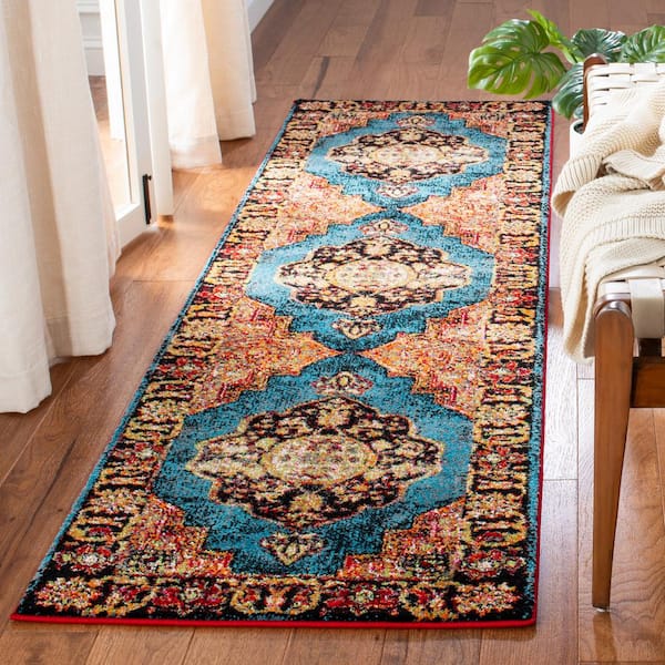 Vintage Hamadan Gold/Light Blue 2 ft. x 12 ft. Border Medallion Runner Rug
