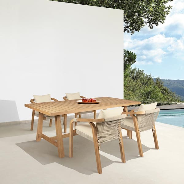 Armen Living Cypress Light Gray 5-Piece Eucalyptus Wood Outdoor Dining Set with Ivory Cushions