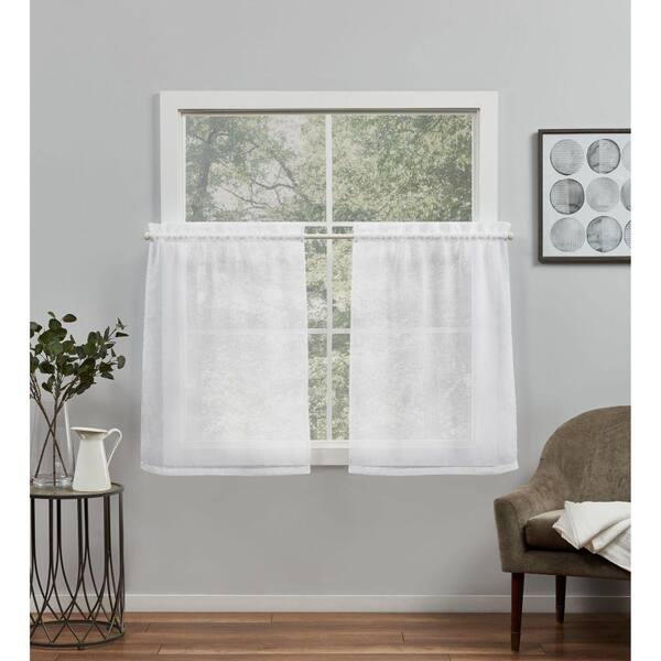 EXCLUSIVE HOME Belgian Tier Pair White Solid Sheer Rod Pocket Curtain, 26 in. W x 36 in. L (Set of 2)