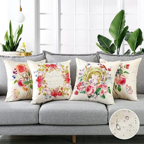 Pyonic Outdoor Waterproof Throw Pillow Covers Set of 4 Floral Printed and Boho Farmhouse Outdoor Pillow Covers for Patio Funiture Garden 18x18 inch