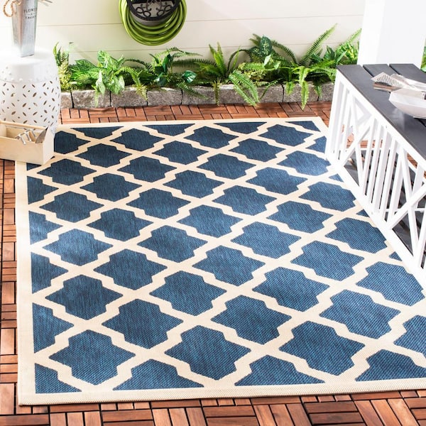 Courtyard Navy/Beige Doormat 3 ft. x 5 ft. Geometric Indoor/Outdoor Patio Area Rug