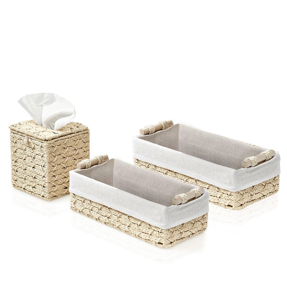 Macrame Decor Baskets & Tissue Holder Set, Lined Woven Box Set, Beige 13.5 