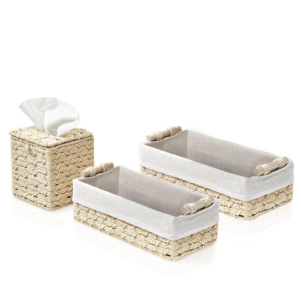 Macrame Decor Baskets & Tissue Holder Set, Lined Woven Box Set, Beige 13.5 in. x 4 in. Cardboard Decorative Box Set of 3
