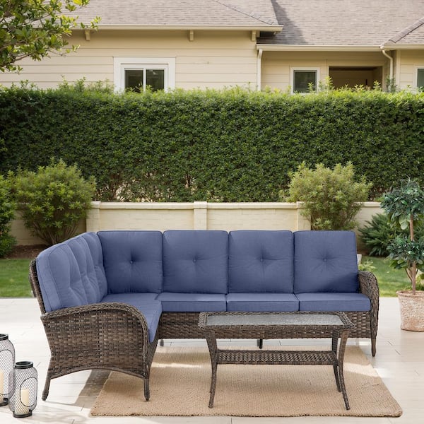 Carlos Brown Wicker Outdoor Sectional Couch Patio Furniture sofa Set with Blue Cushions and Coffee Table