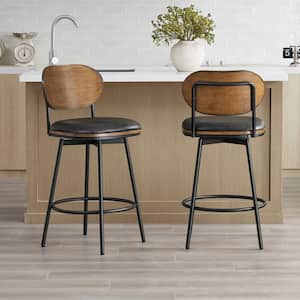 Aloysius 27 in. Dark Grey High Back Bar Stools Metal Swivel Counter Stools with Leather Seat (Set of 2)